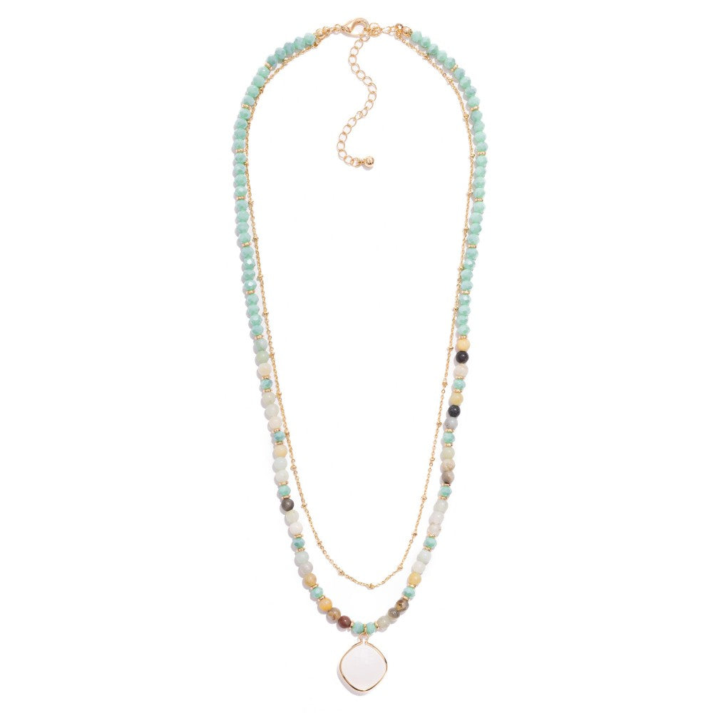 Glass Crystal Pendant Layered Beaded Necklace - Green - Lace and Grace Boutique