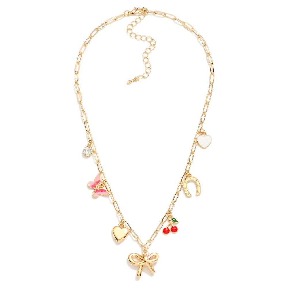 Paperclip Bow Multi Charm Chain Link Necklace - Lace and Grace Boutique