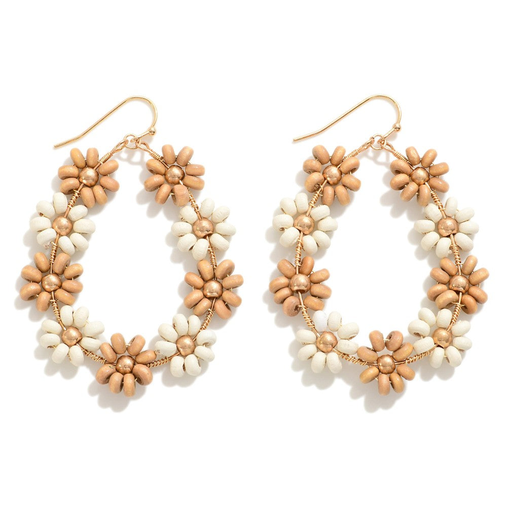 Beaded Flower Teardrop Earrings - Natural/Tan - Lace and Grace Boutique