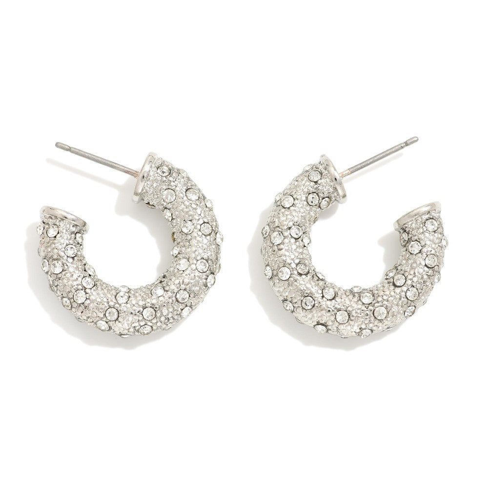 Textured Metal Hoop Earrings Rhinestone Accents -Silver - Lace and Grace Boutique