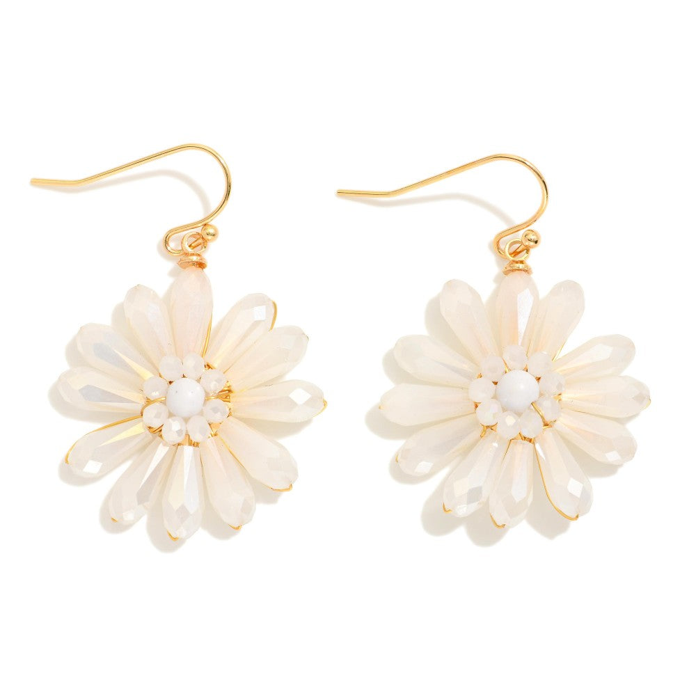 Crystal Beaded Flower Drop Earrings - White - Lace and Grace Boutique