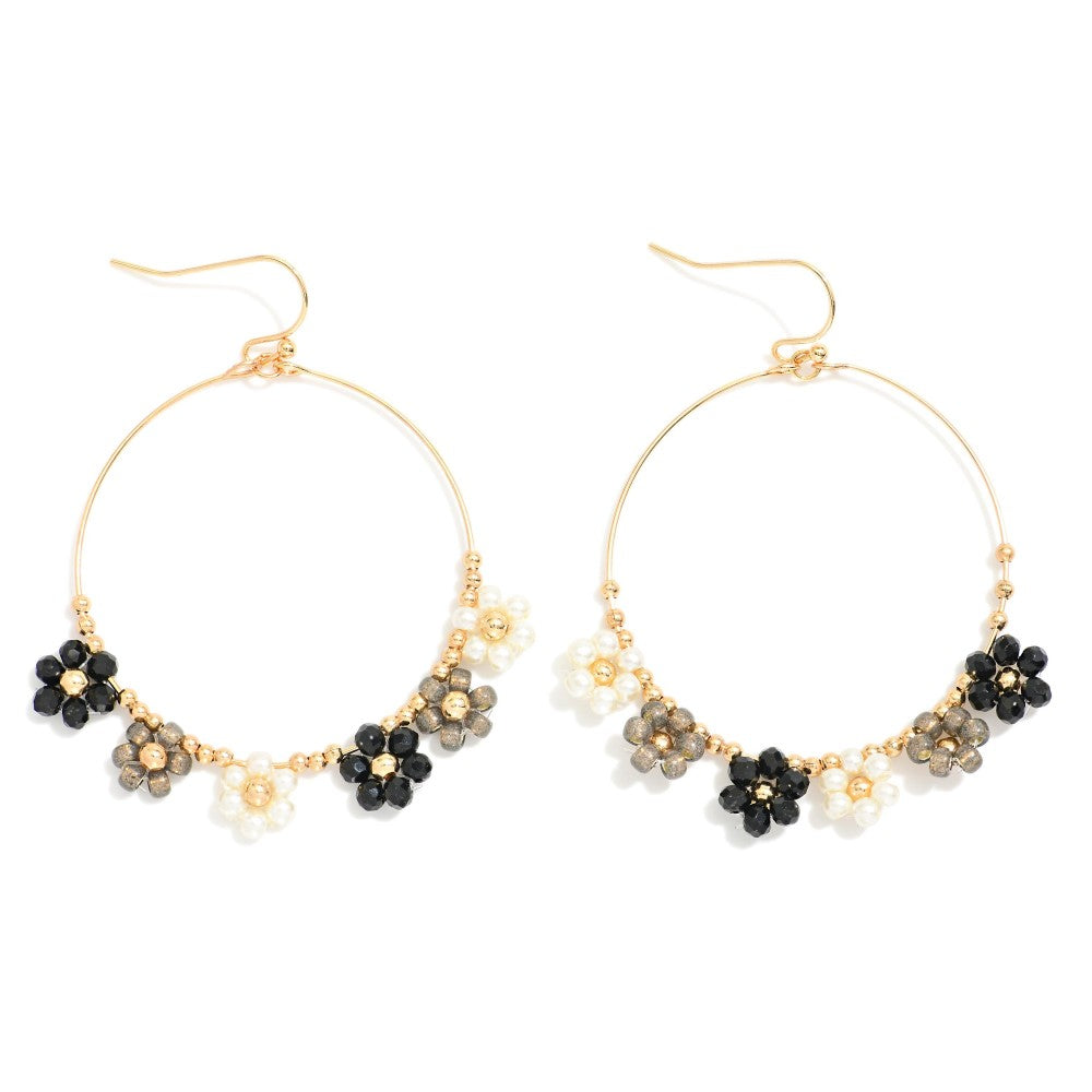 Flower Beaded Wire Hoop Drop Earrings - Black - Lace and Grace Boutique