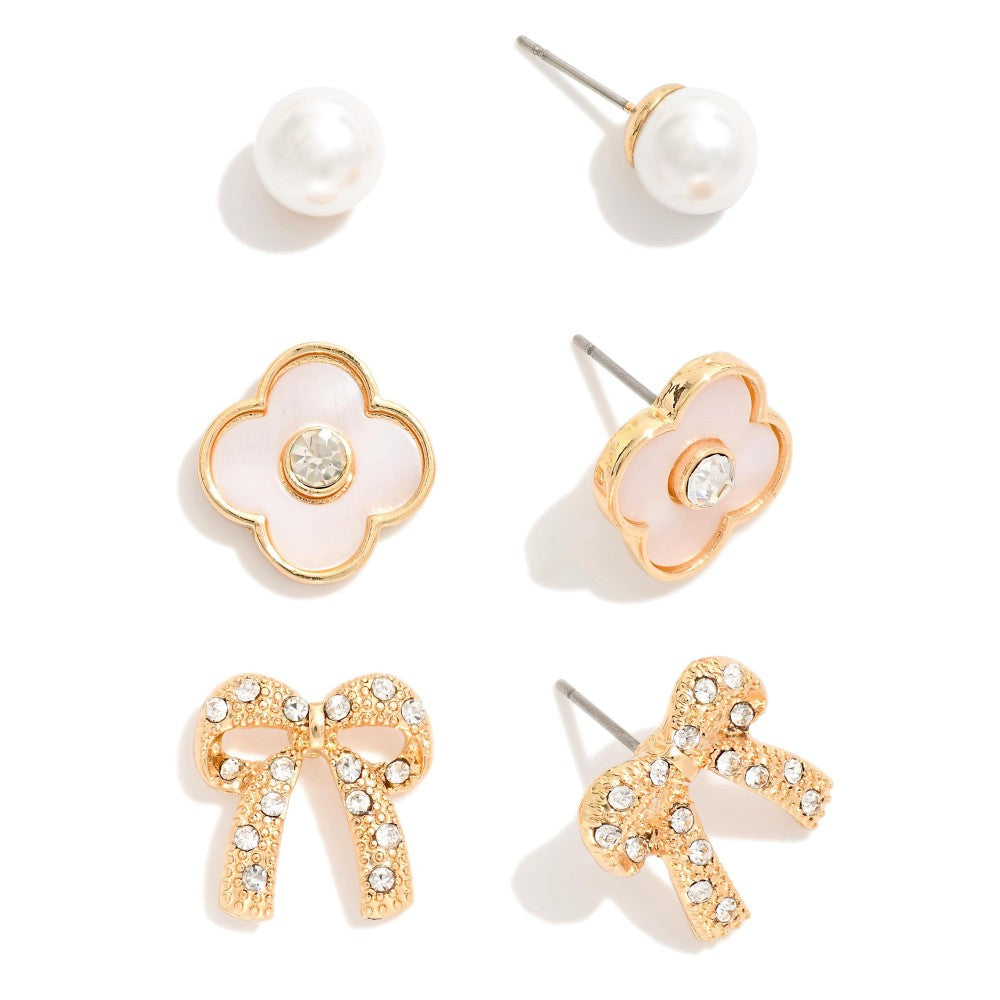 Bows, Clovers, & Pearls Set of 3 Stud Earring Set - Lace and Grace Boutique