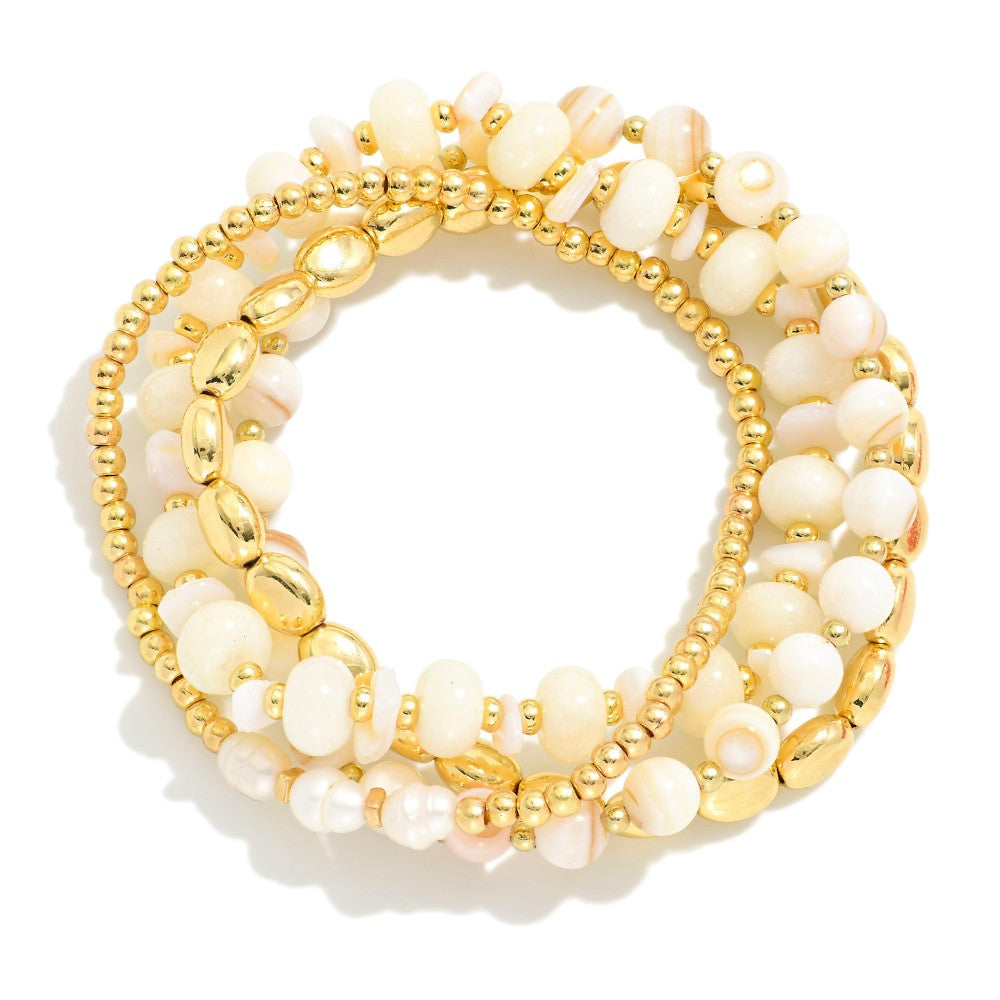 Set of 4 Natural Stone & Gold Beaded Bracelets - Natural - Lace and Grace Boutique