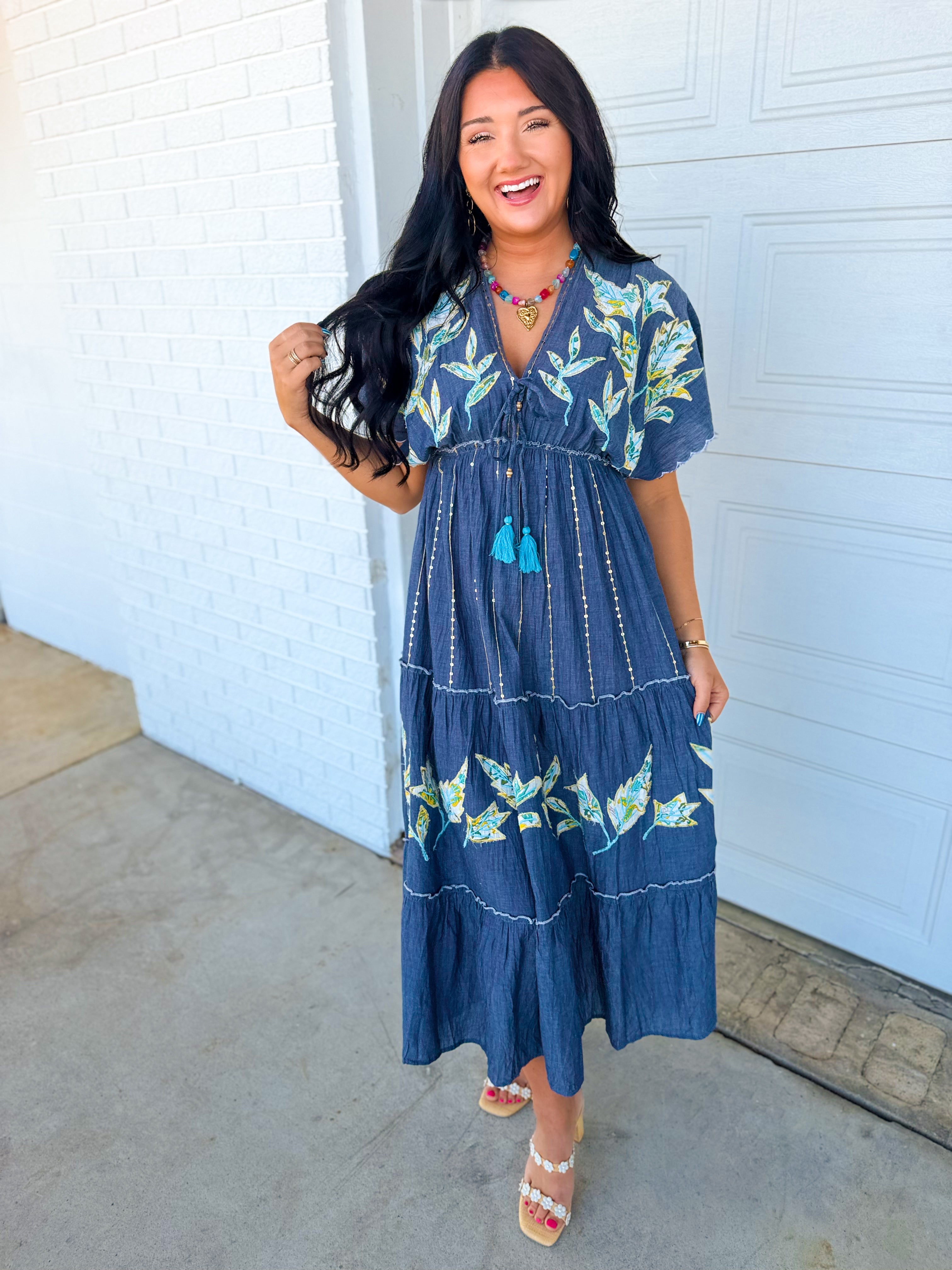 Embroidered Chambray Maxi Dress