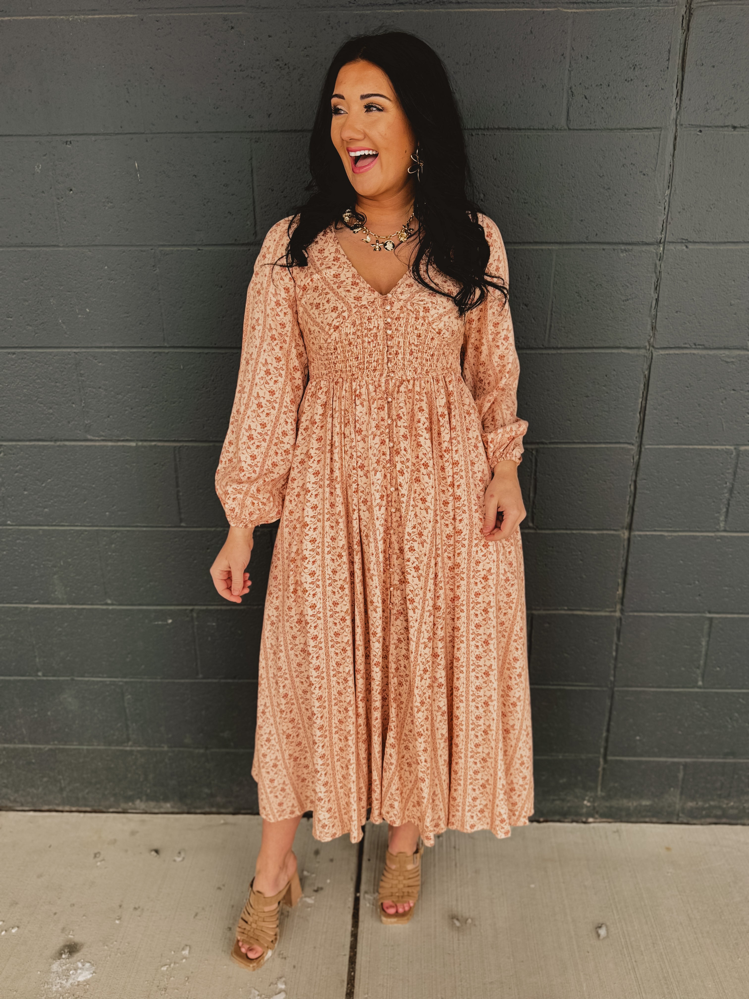 Smocked Button Down Long Sleeve Maxi Dress
