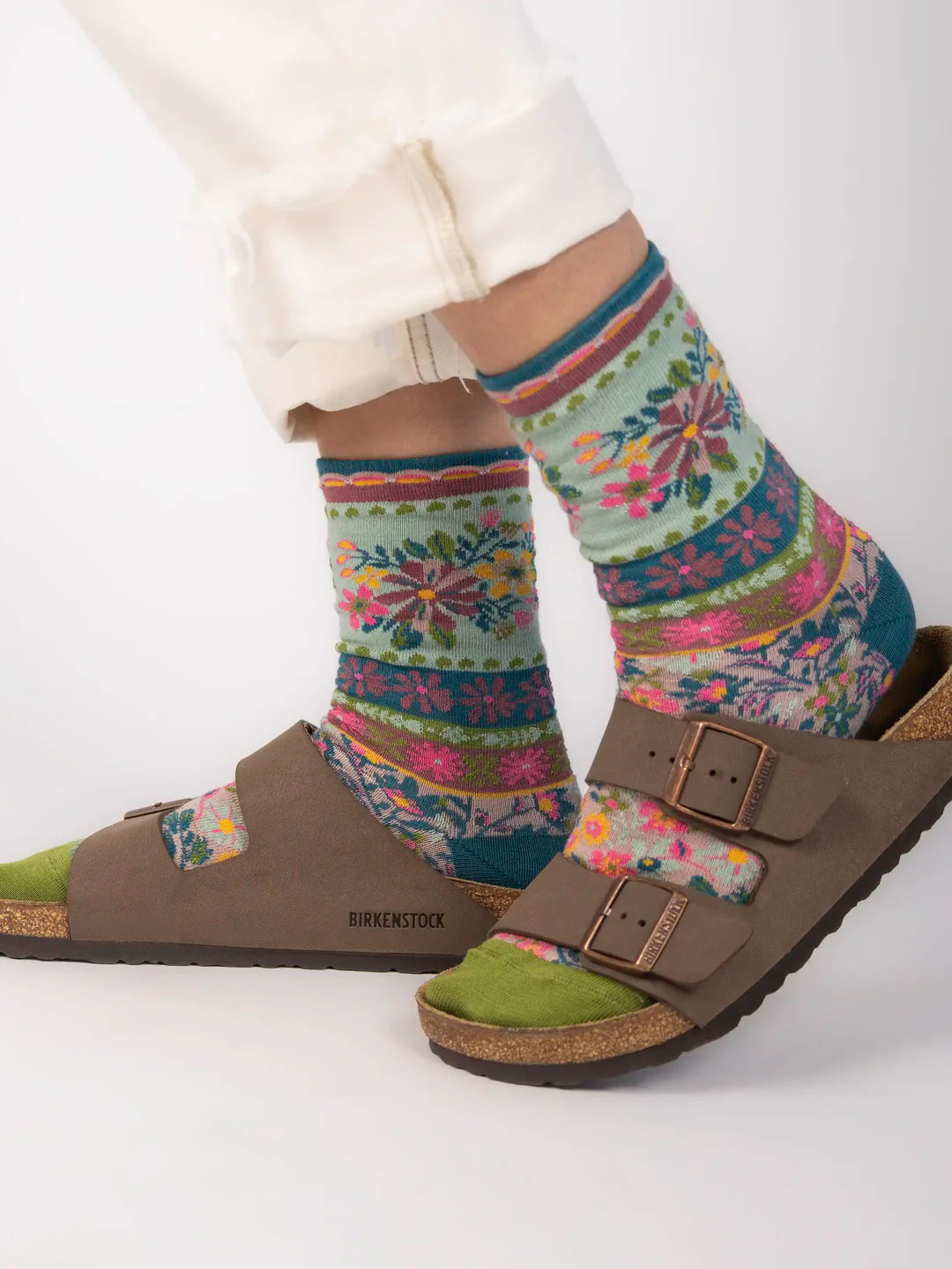 Natural Life Boho Sock, Set of 2 - Floral Pink Green - Lace and Grace Boutique