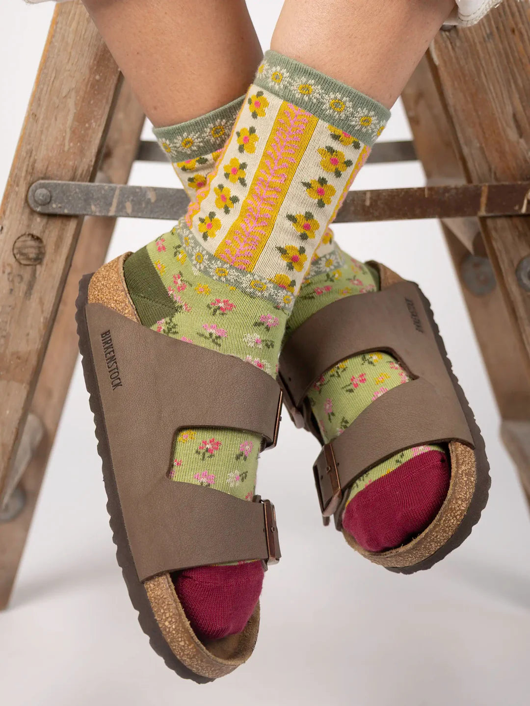 Natural Life Boho Sock, Set of 2 - Floral Pink Green - Lace and Grace Boutique