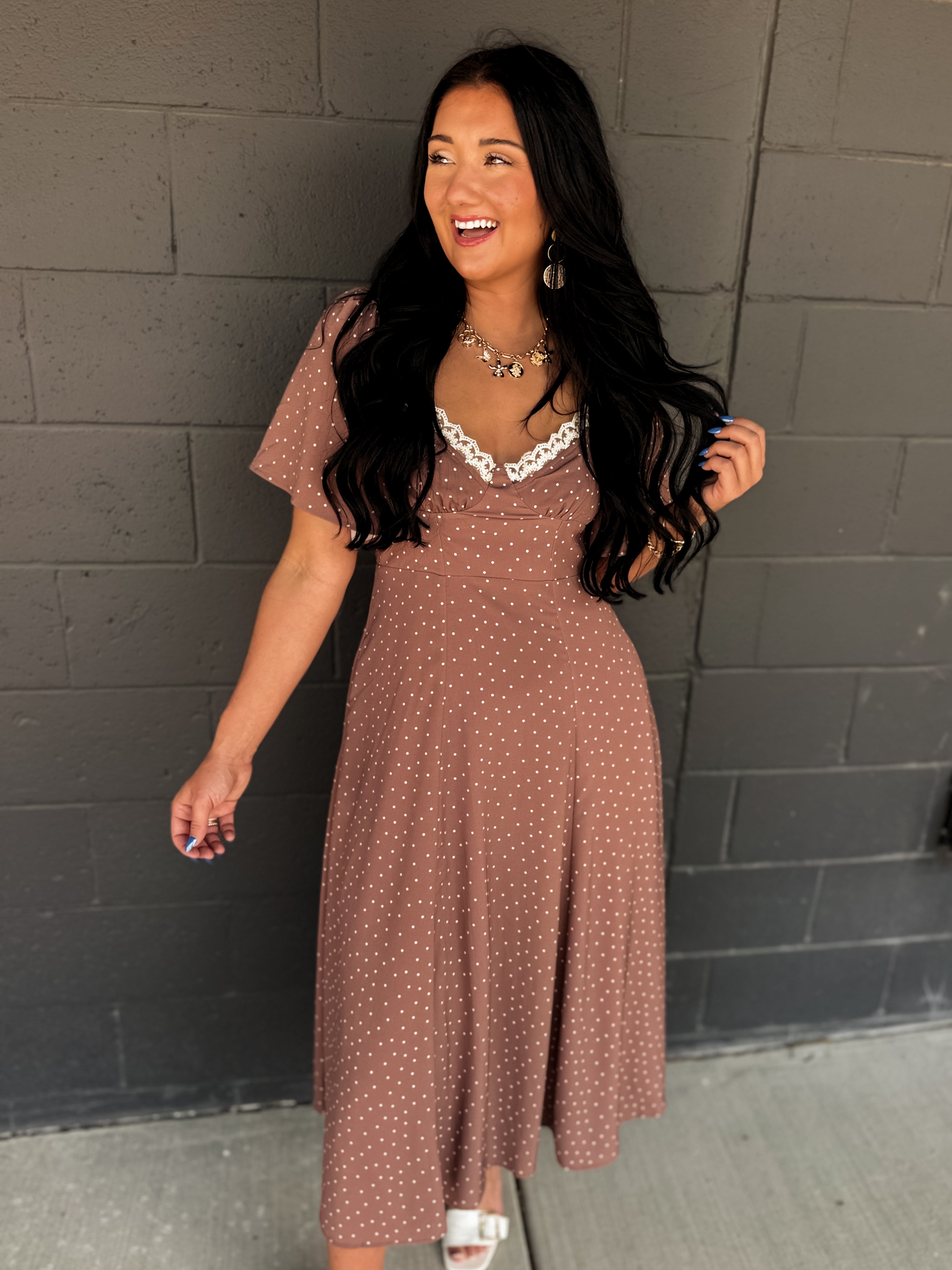 Flutter Sleeve Polka Dot Midi Dress - Latte