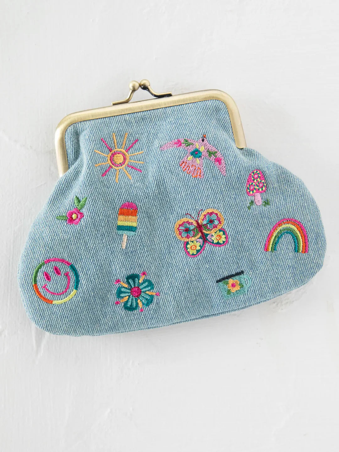 Natural Life Embroidered Kisslock Coin Purse - Denim - Lace and Grace Boutique