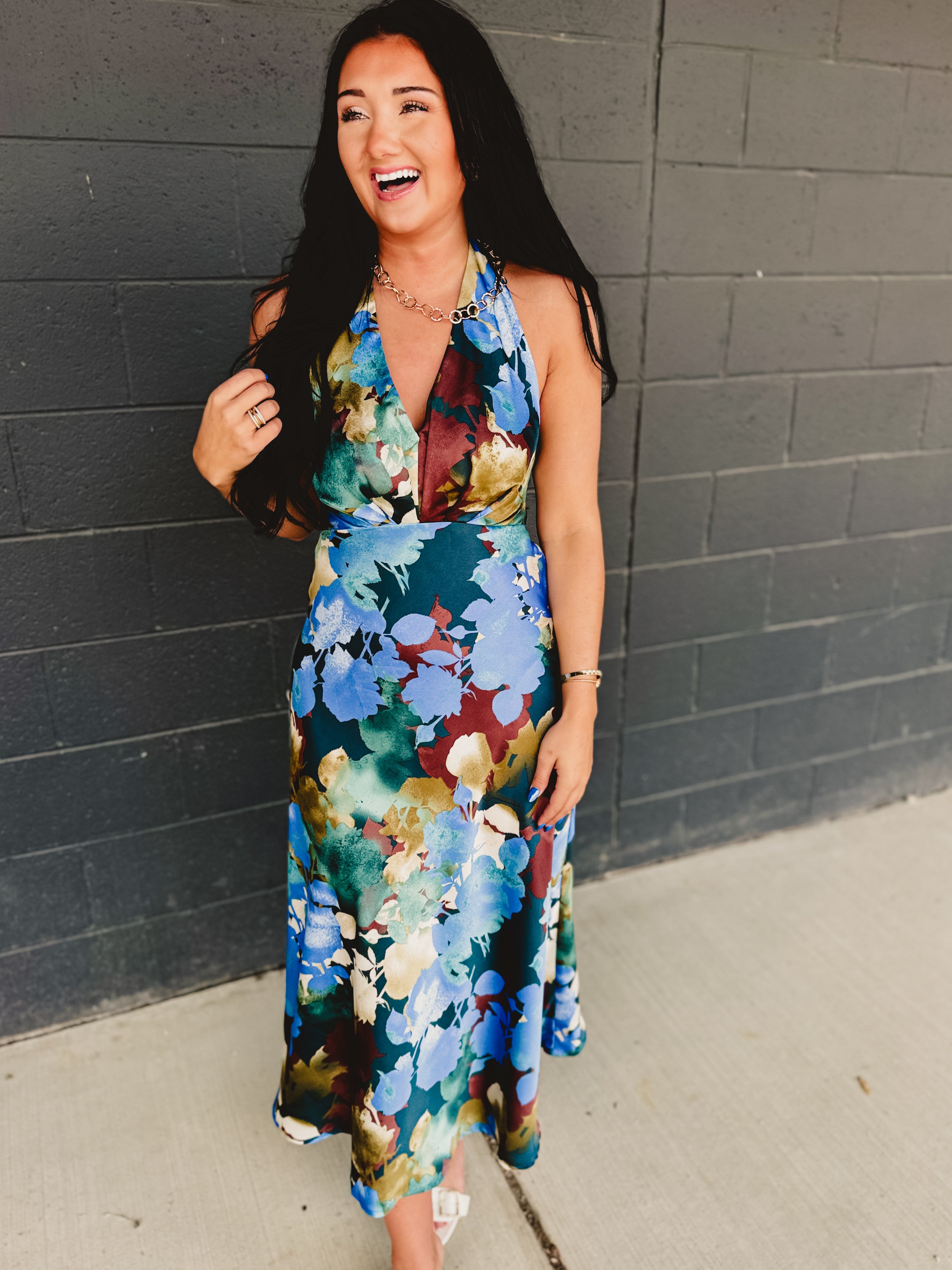 Floral Satin Halter Midi Dress - Blue Multi