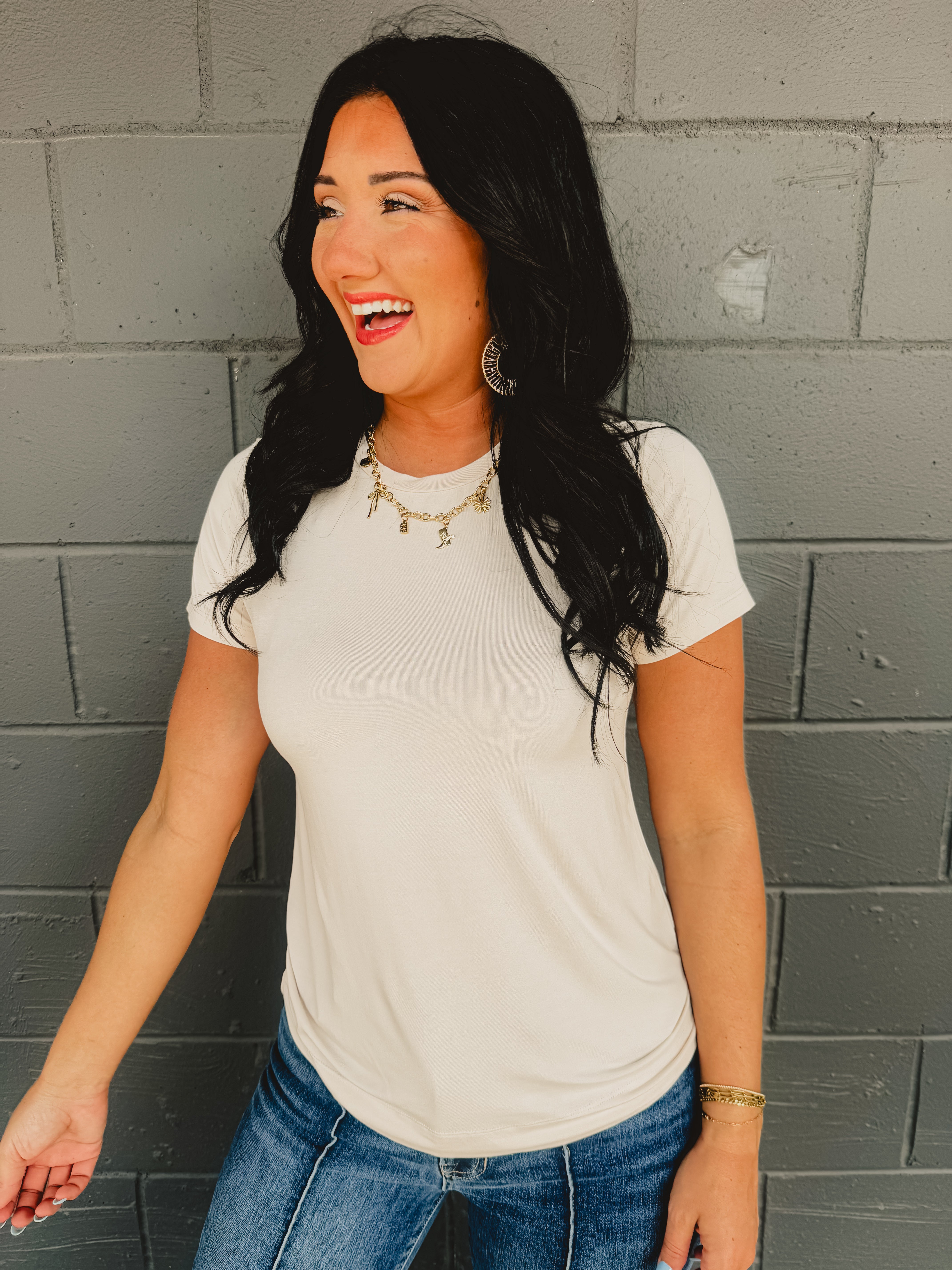 Short sleeved round neck super soft basic top in natural.