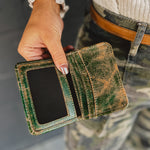 Green leather compact card holder made by Bedstu.