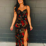 Soft black satin dress with a silky feel and elegant floral print - romantic, graceful, and perfect for any elevated occasion.