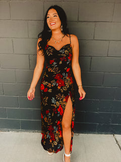 Soft black satin dress with a silky feel and elegant floral print - romantic, graceful, and perfect for any elevated occasion.