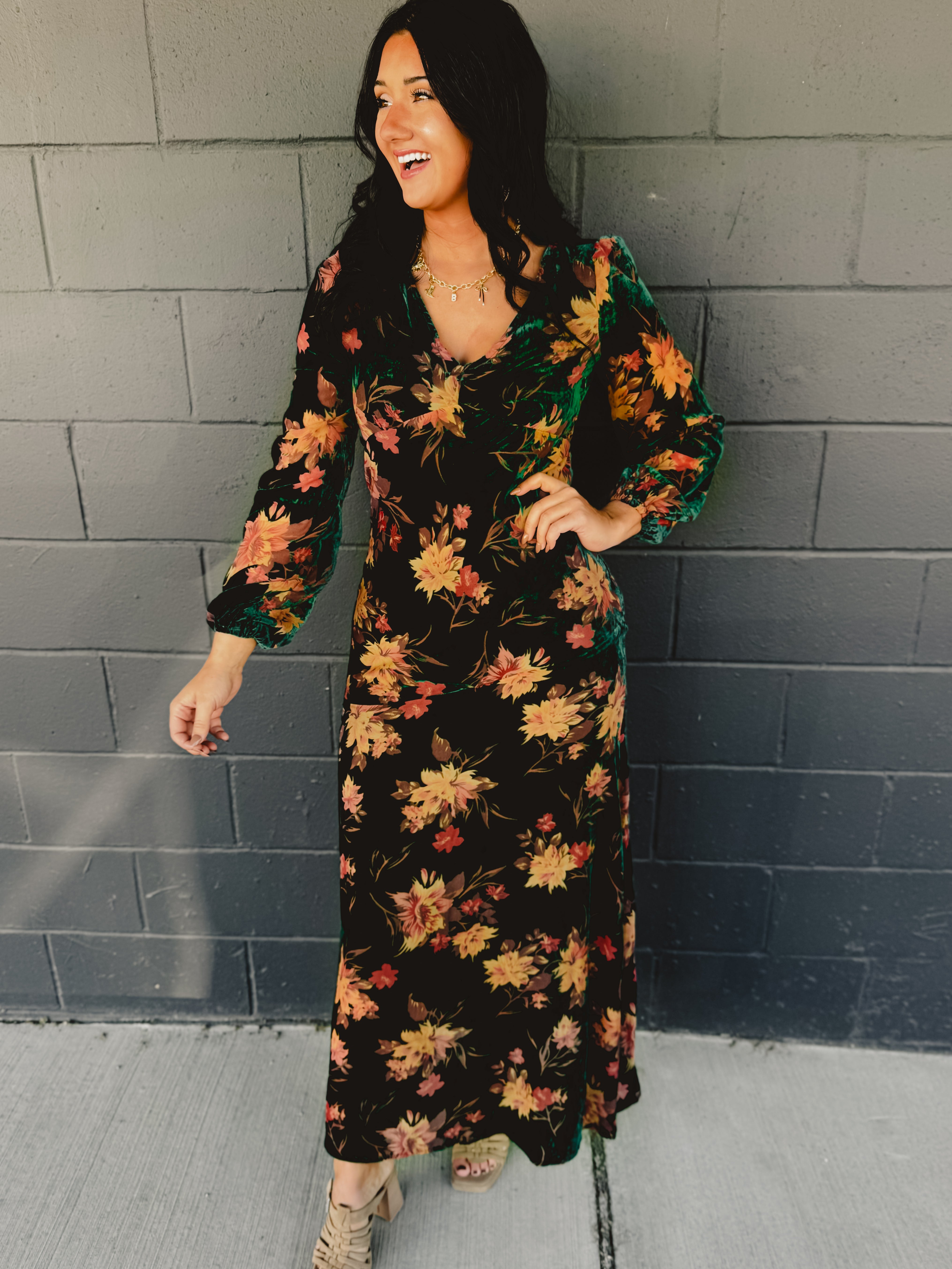 Velvet long sleeve floral printed maxi dress.