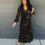 Long sleeve velvet floral printed maxi dress.