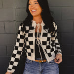 Front bow tie up checkered printed sweater cardigan.