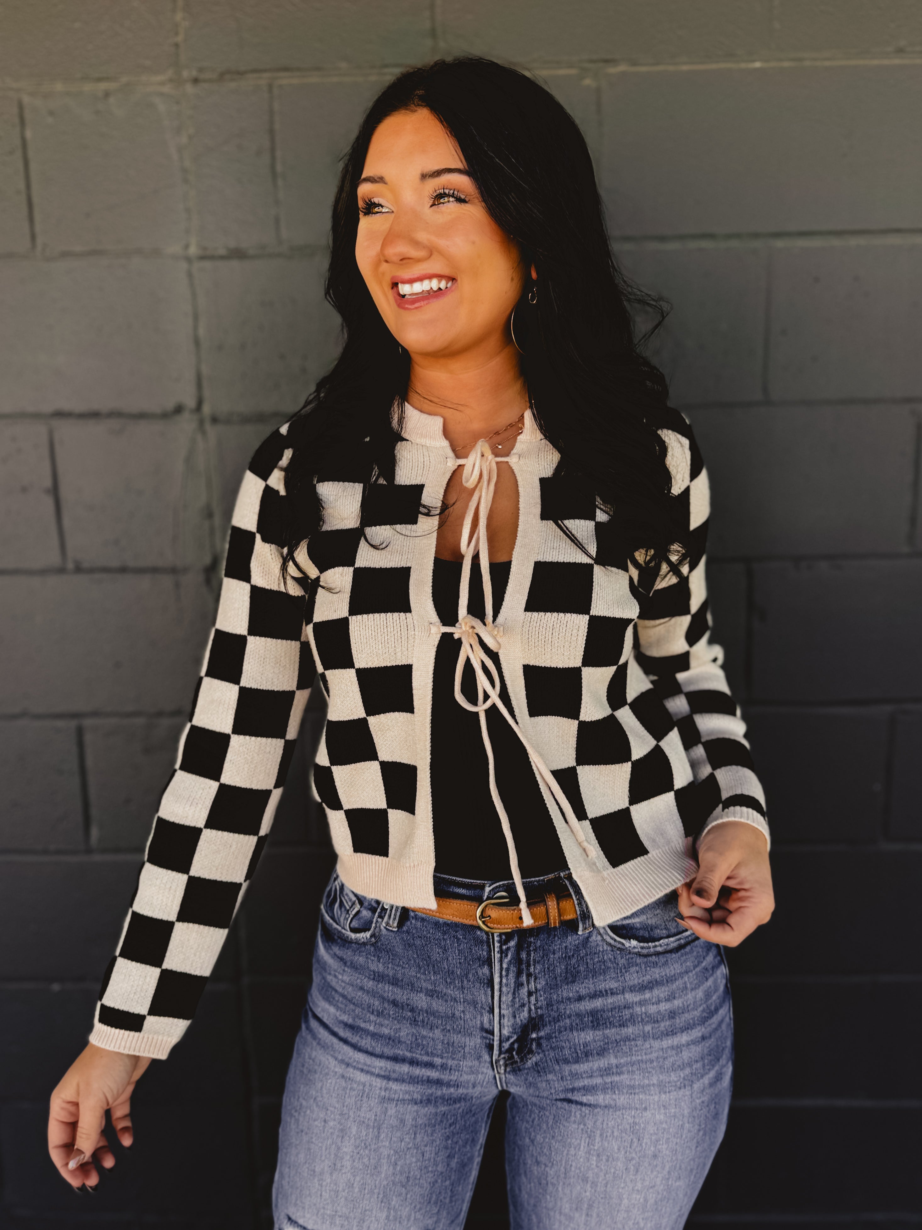 Front bow tie up checkered printed sweater cardigan.
