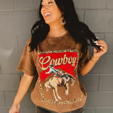 Short sleeve rounded neck brown mineral washed Cowboy graphic tee with cheetah print and a man riding a horse graphics.