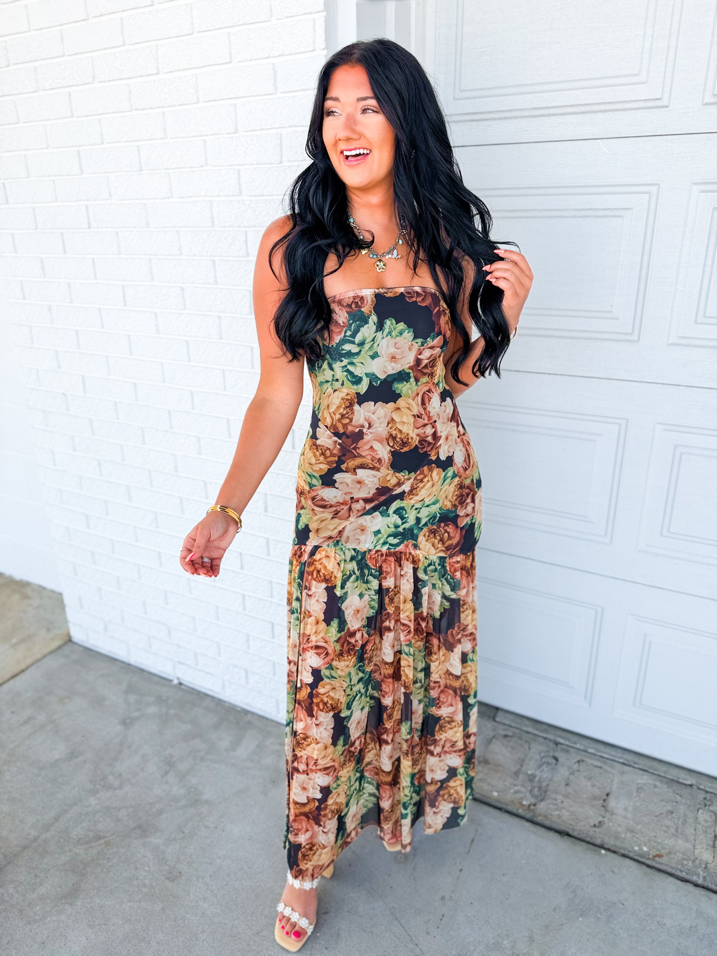 Floral Mesh Strapless Asymmetrical Maxi Dress - Black