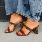 Leopard print high-heeled shoes with straps.