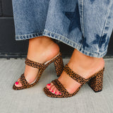 Leopard print high-heeled shoes with straps.