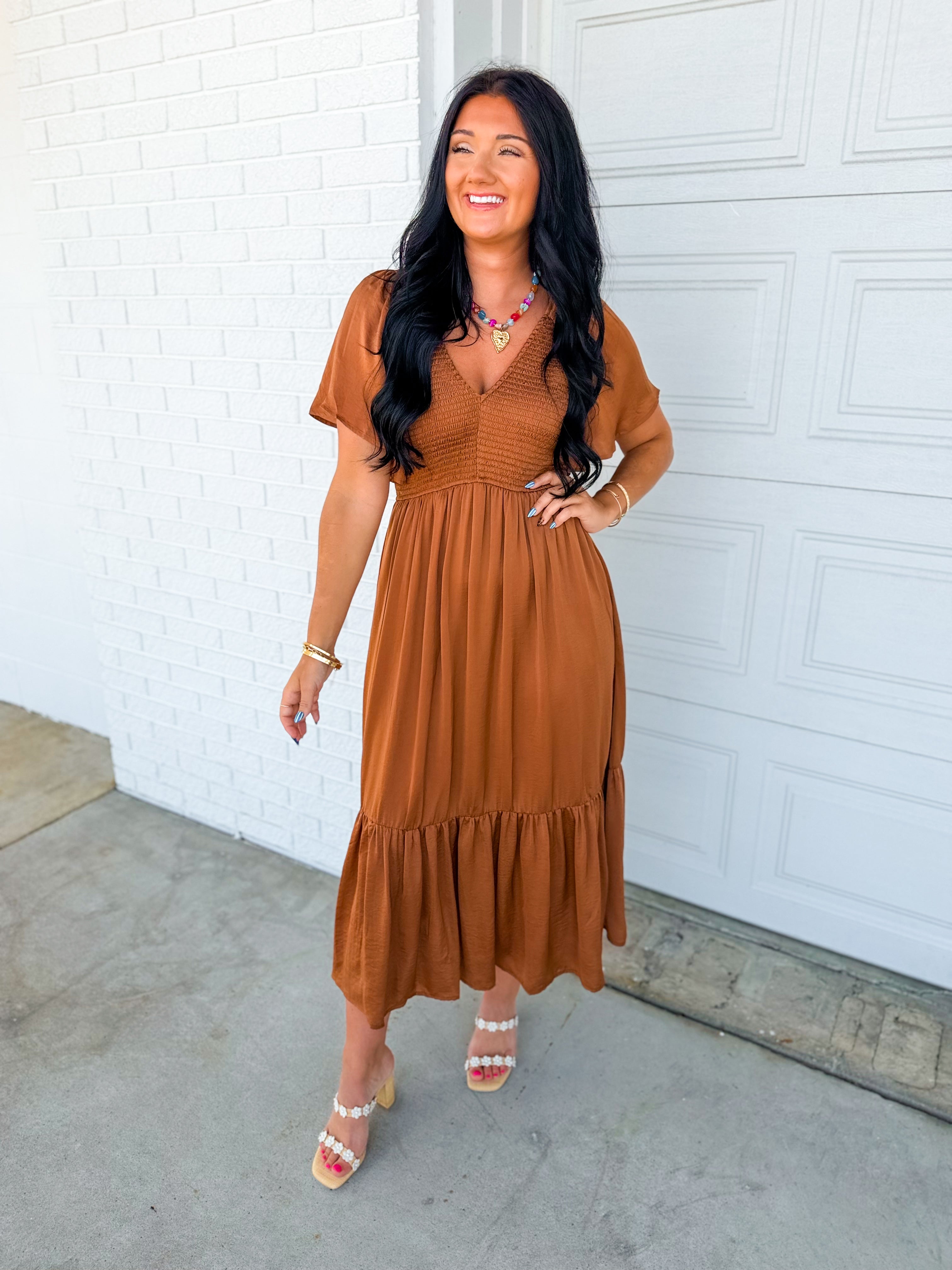 Smocked Washed Satin Tiered Maxi Dress - Sepia