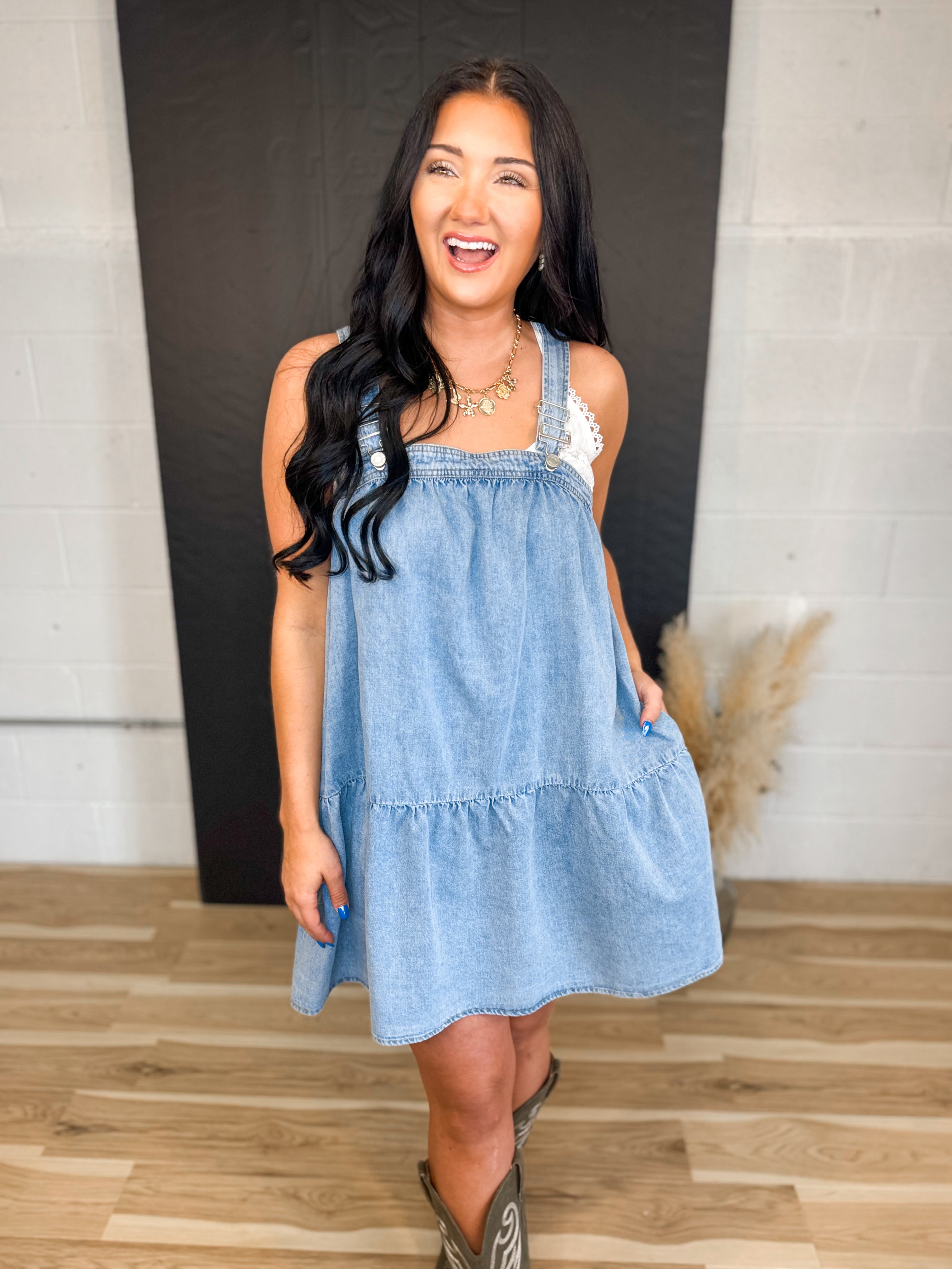 Tiered Overall Denim Dress - Dusty Blue