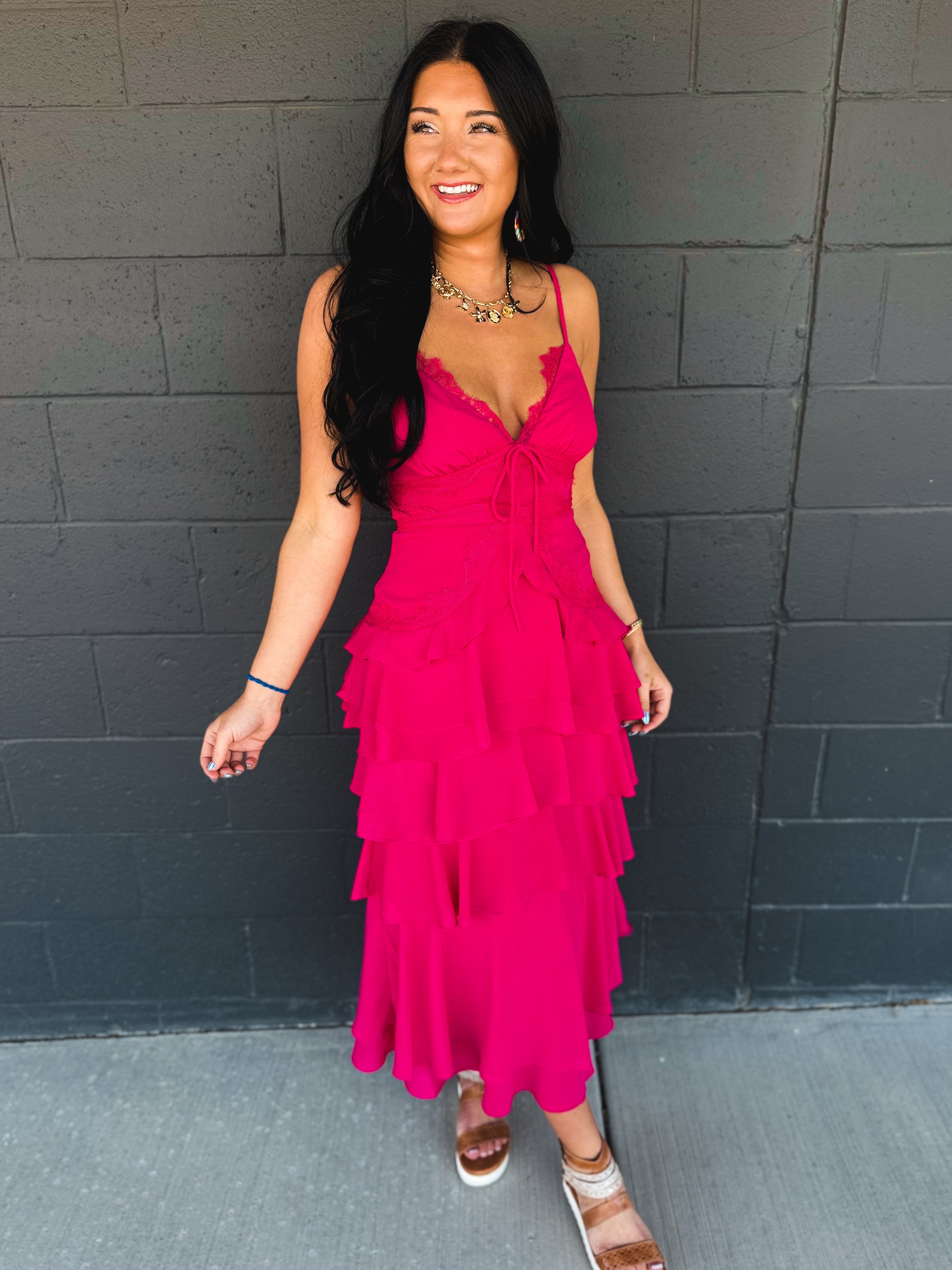 Lace Trim Tiered Midi Dress