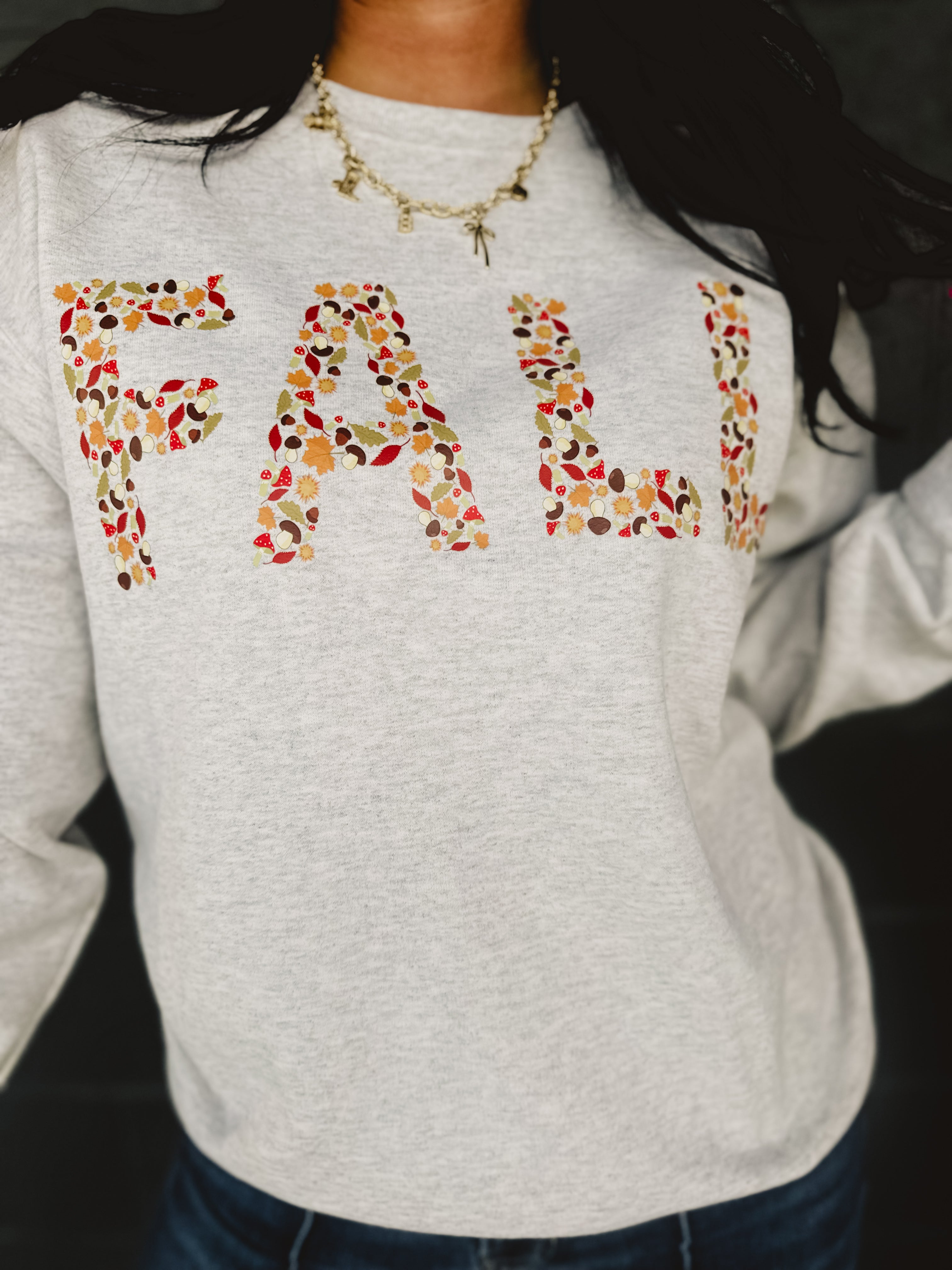 "Fall" graphic crewneck heather grey sweatshirt.