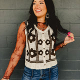 Flower crochet button up vest in cream/brown with scalloped edges.