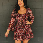 Tiered floral front cutout bell sleeve mini dress in pink/brown.