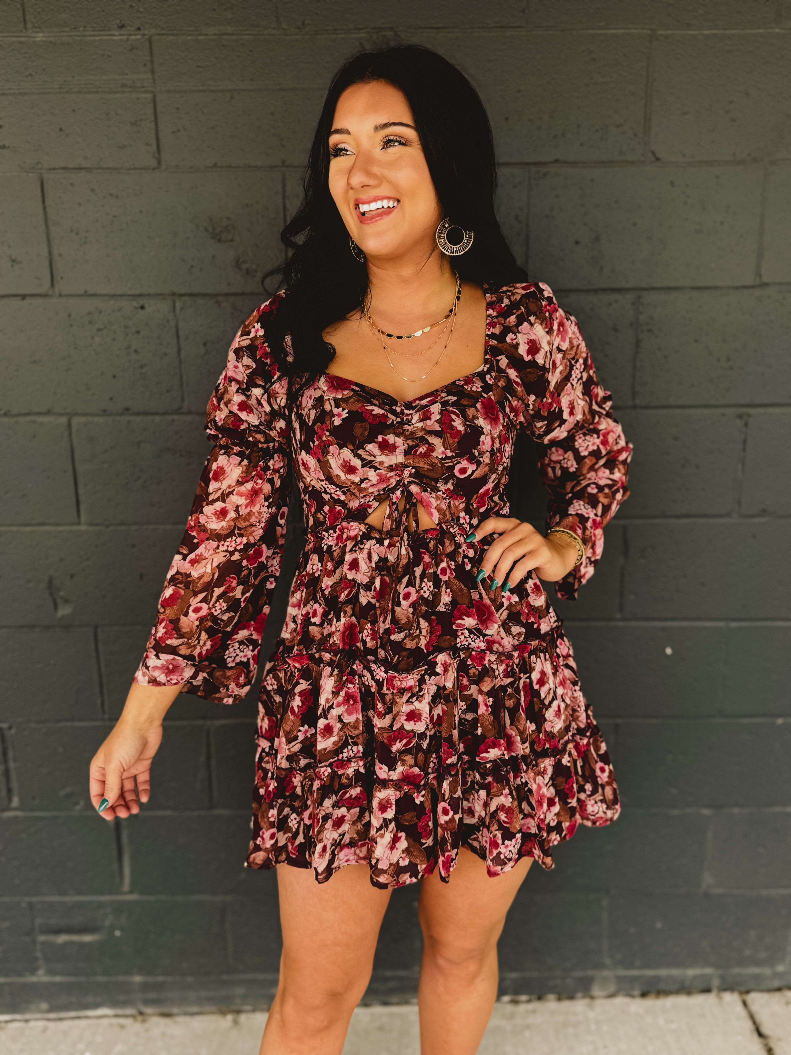 Tiered floral front cutout bell sleeve mini dress in pink/brown.