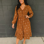 Button up brown corduroy long sleeve maxi dress with floral embroider.