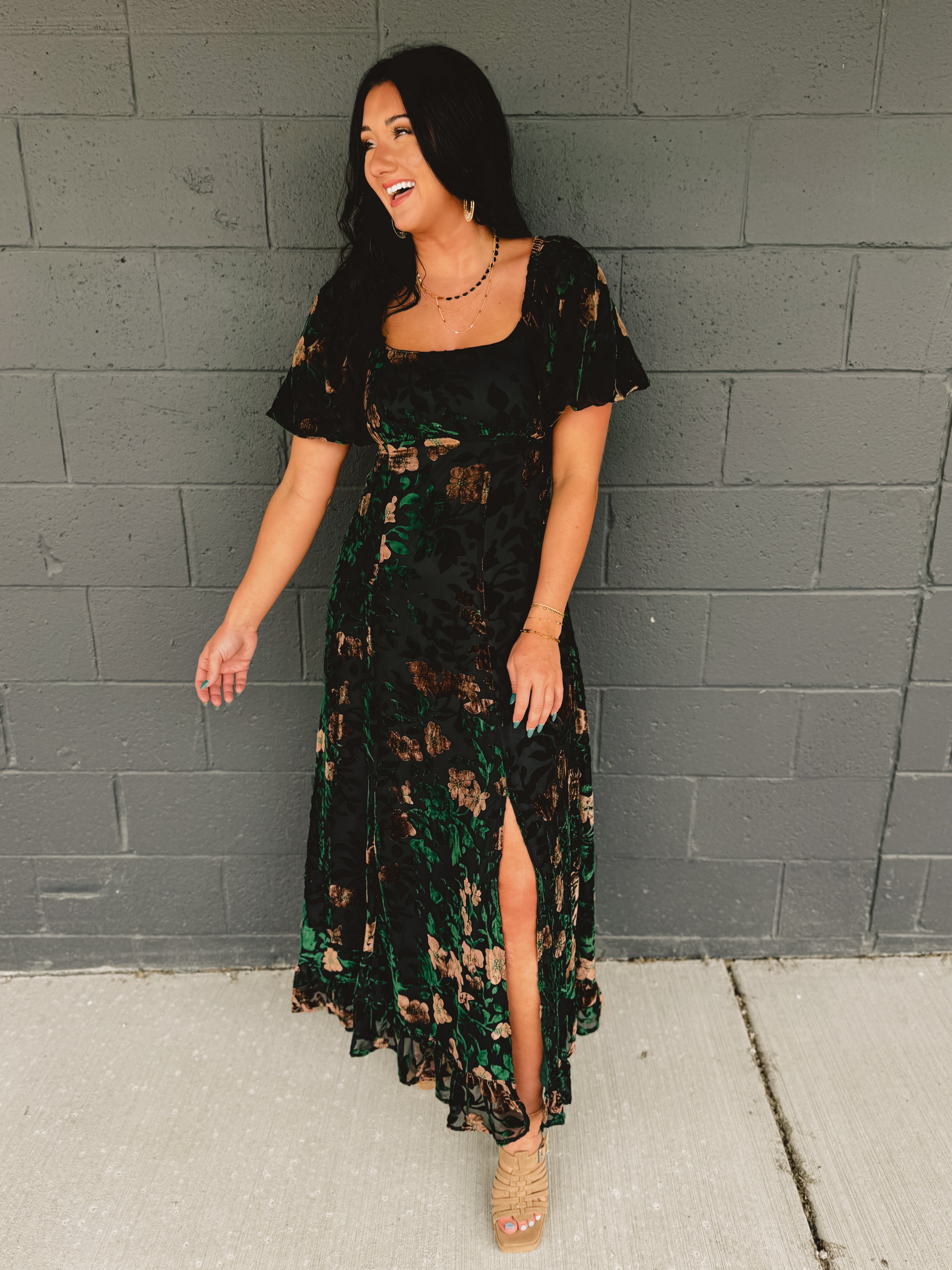 Velvet puff sleeve and high front slit maxi dress in black floral.