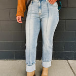 High waisted front seam cuffed straight jeans by Risen in medium denim.