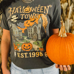 Halloweentown grey graphic tee with a round neckline and short sleeves.