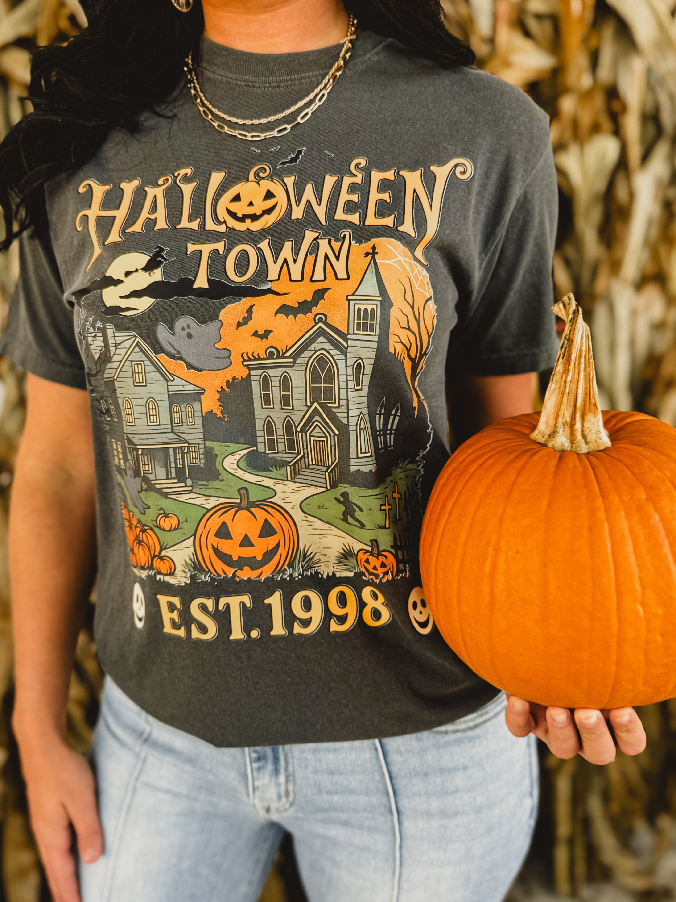 Halloweentown grey graphic tee with a round neckline and short sleeves.