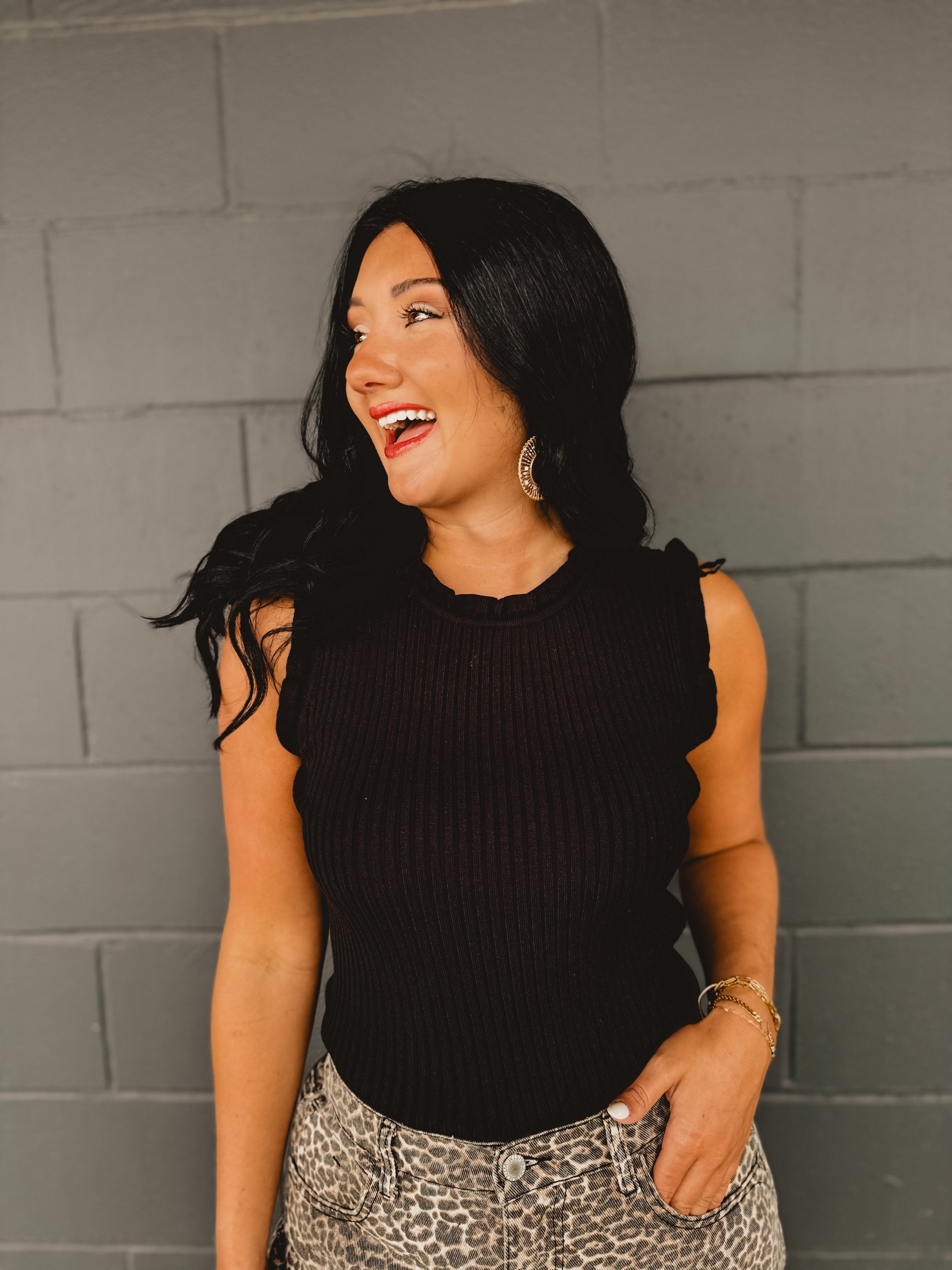 Ruffle Ribbed Sweater Tank Top - Black - Lace and Grace Boutique