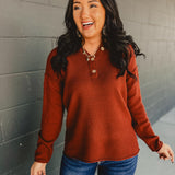 Henley Waffle Knit Long Sleeve Sweater - Dark Rust