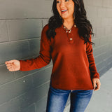 Henley Waffle Knit Long Sleeve Sweater - Dark Rust