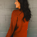 Henley Waffle Knit Long Sleeve Sweater - Dark Rust
