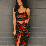 Midnight Floral Satin Two Piece Set - Black - Lace and Grace Boutique