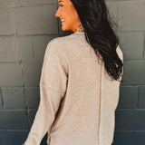 Ribbed Pocket Detail Long Sleeve Top - Taupe