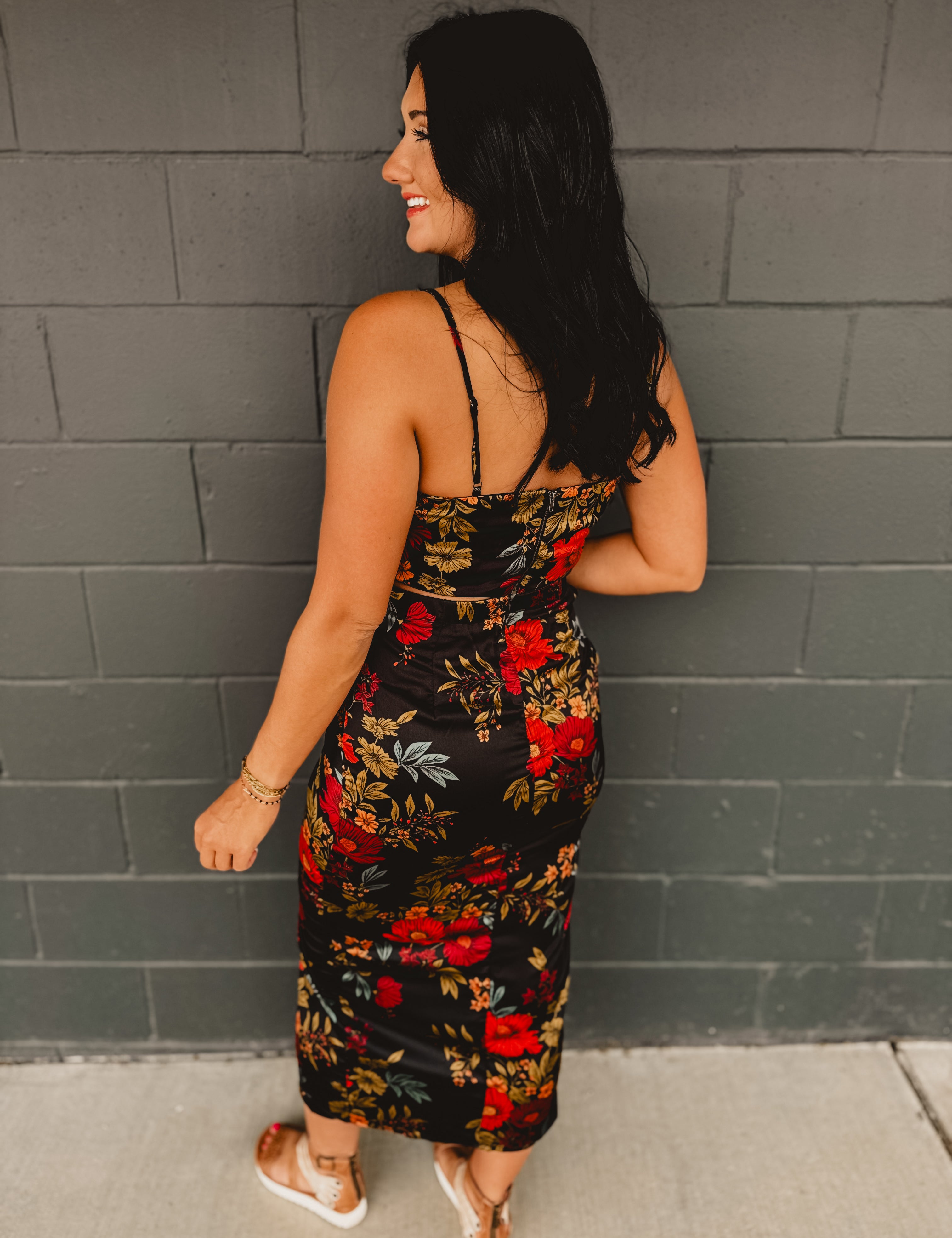 Midnight Floral Satin Two Piece Set - Black - Lace and Grace Boutique