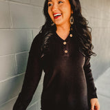 Henley Waffle Knit Long Sleeve Sweater - Black