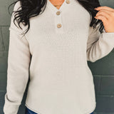Henley Waffle Knit Long Sleeve Sweater - Bone