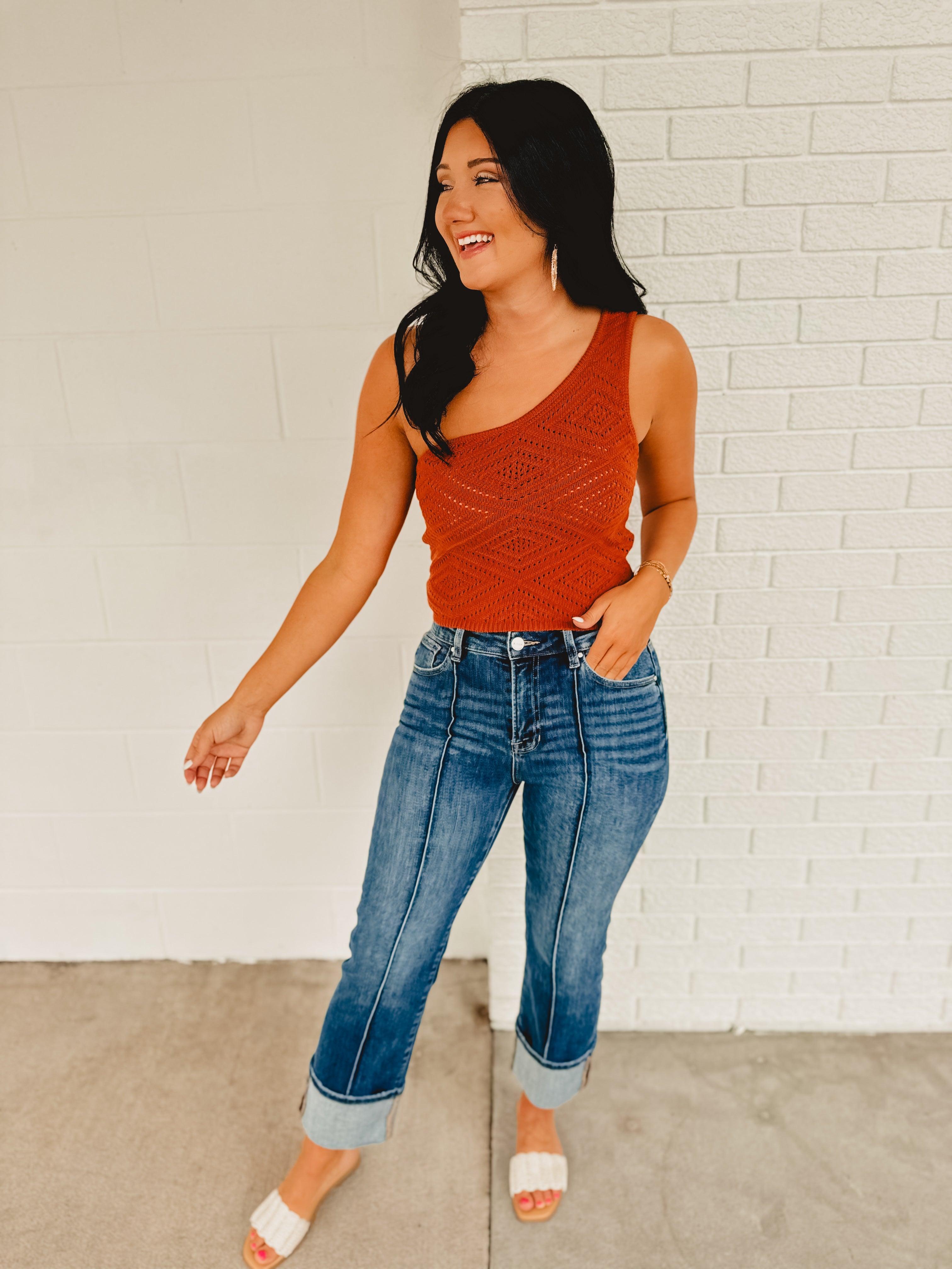 Front Seam High Rise-Ankle Wide Cuffed Jeans - Dark Denim - Lace and Grace Boutique