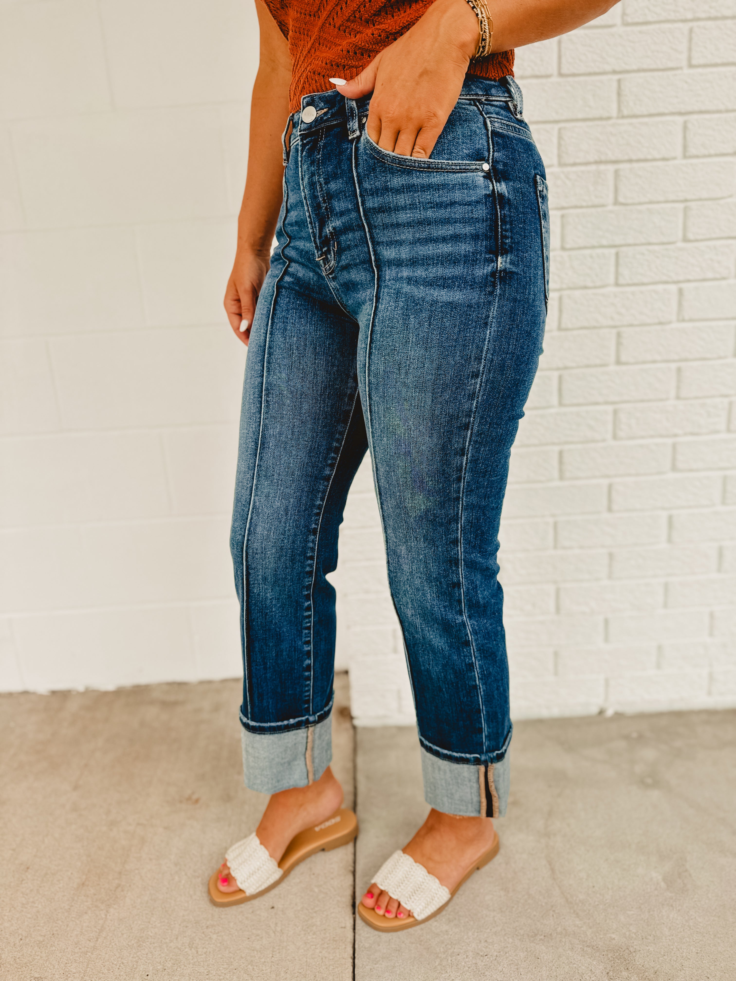 Front Seam High Rise-Ankle Wide Cuffed Jeans - Dark Denim - Lace and Grace Boutique